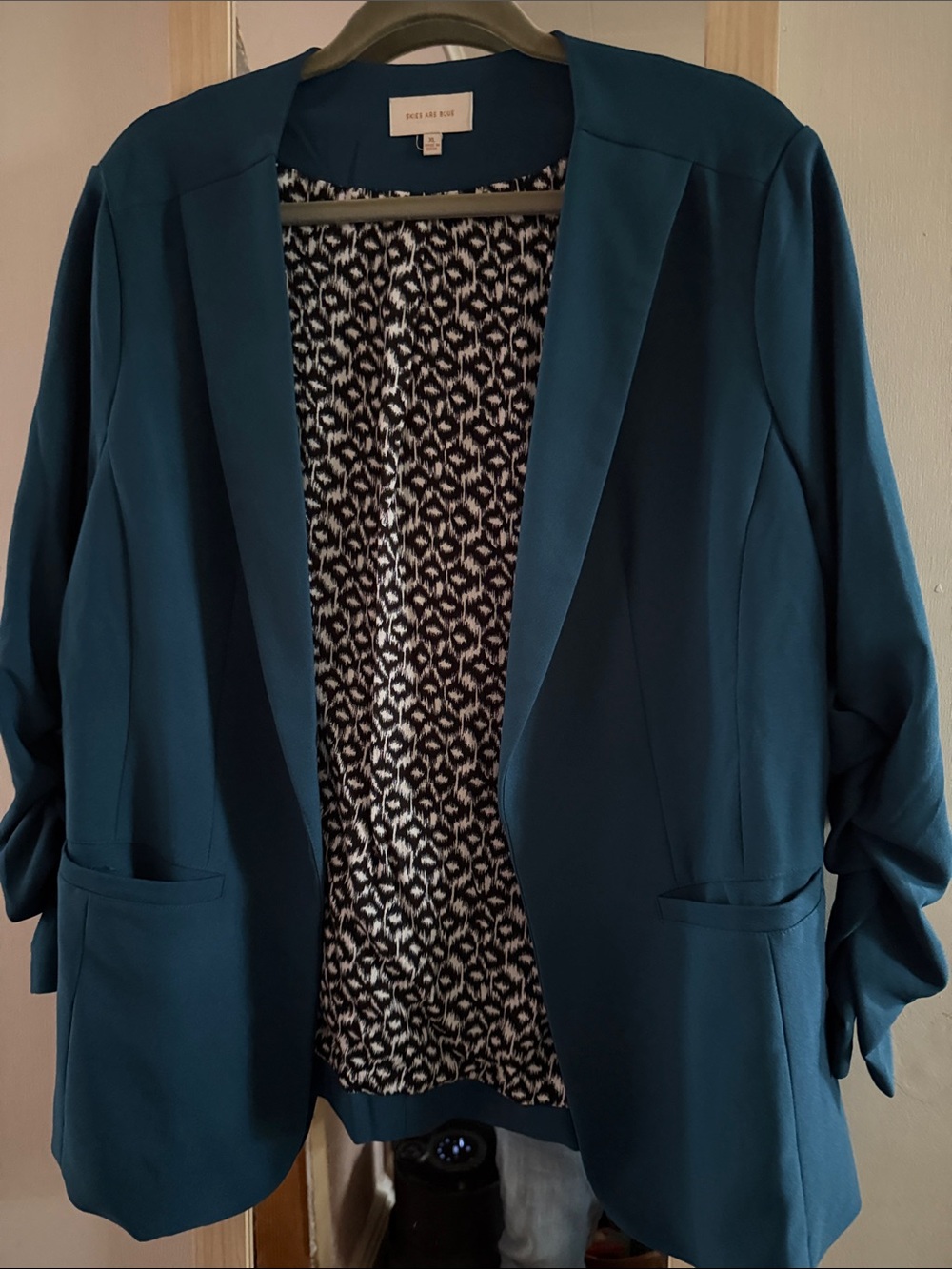 Skies Are Blue Teal Open-Front Blazer with Patterned Black-and-White Lining